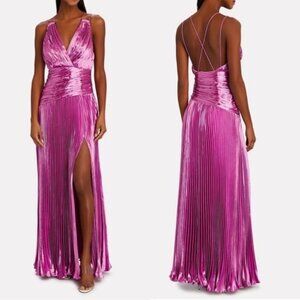 NWT AiiFOS Vera Pleated Metallic Gown 8 Pink Magenta Plisse Ruched Slit Formal